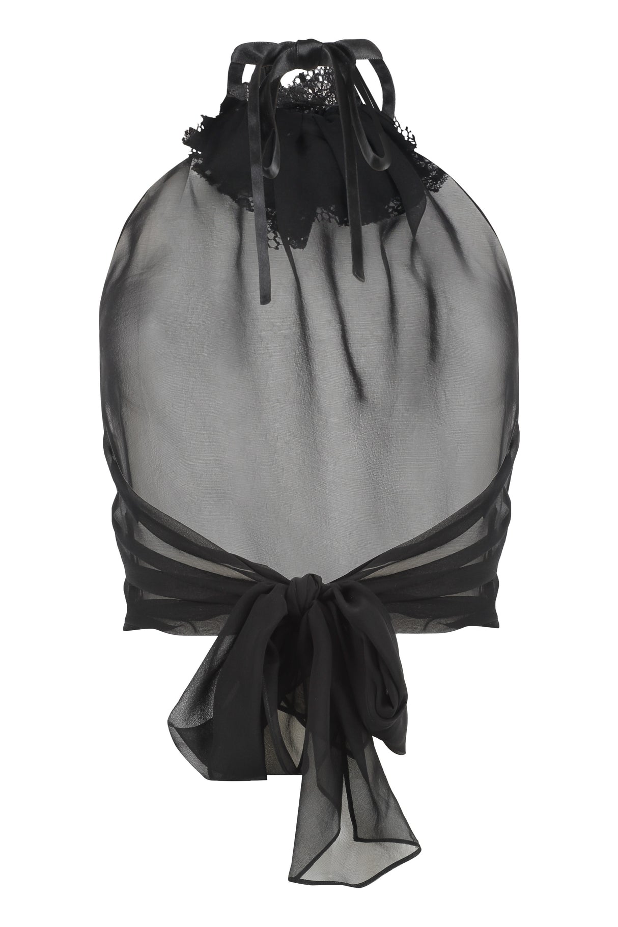 DOLCE & GABBANA Black Sheer Silk Chiffon Top with Flower on Neck - Halter Neck - Regular Fit