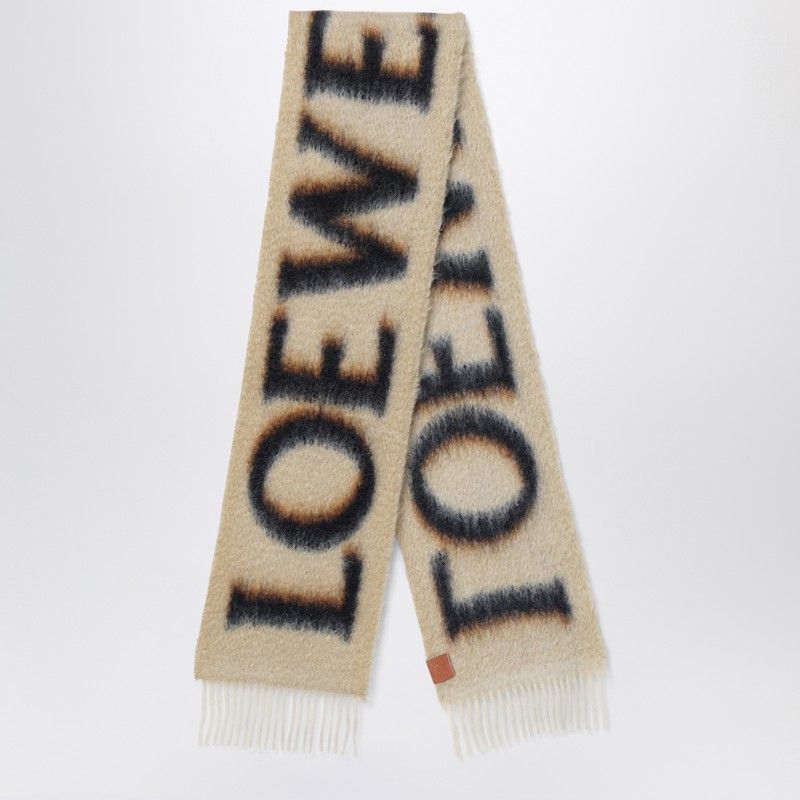 LOEWE Elegant Beige & Black Fringed Scarf