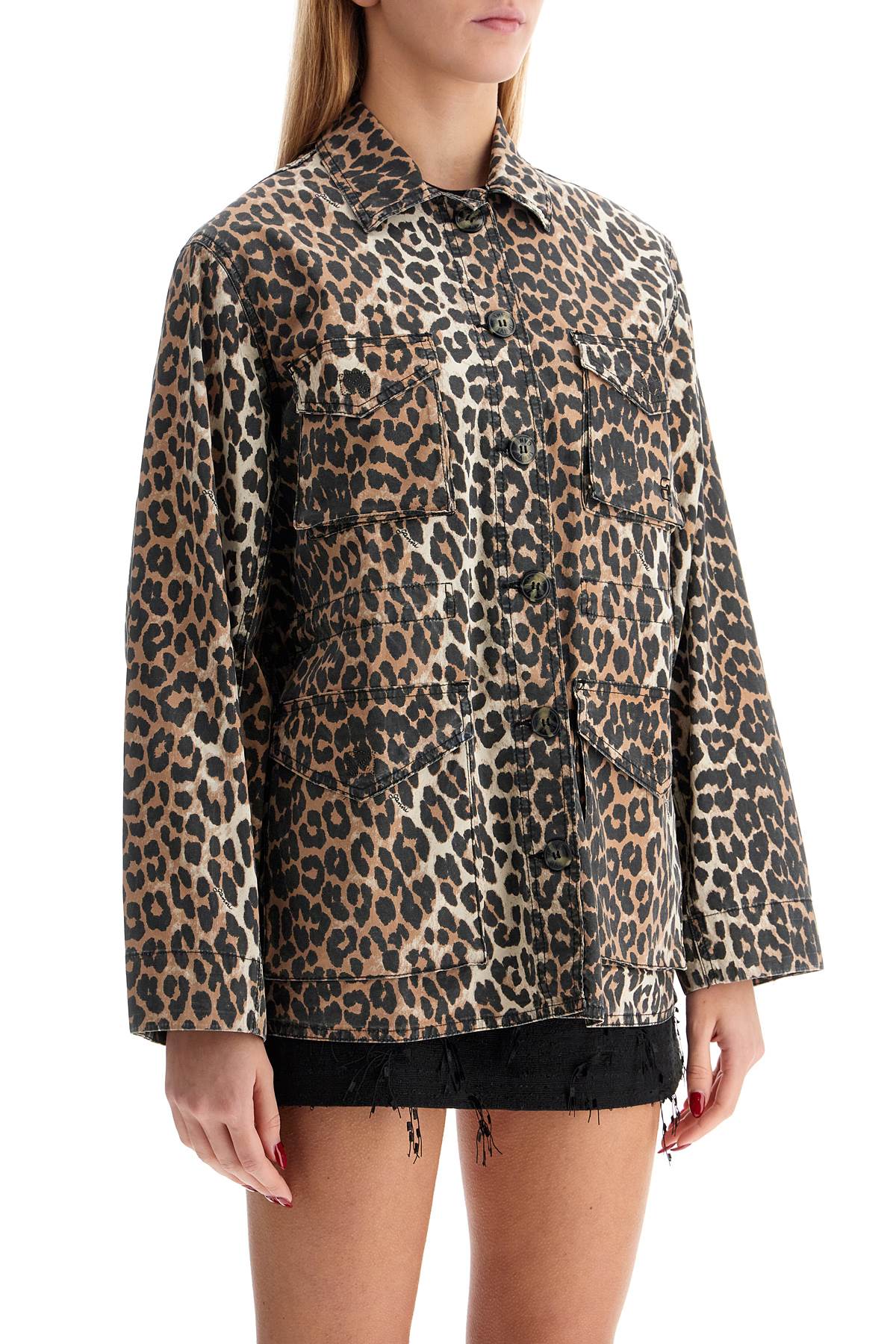 GANNI Leopard Print Canvas Overshirt - Relaxed Fit