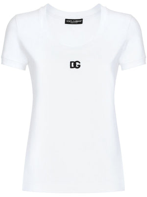 DOLCE & GABBANA White Ribbed Edge Cotton T-Shirt for Women