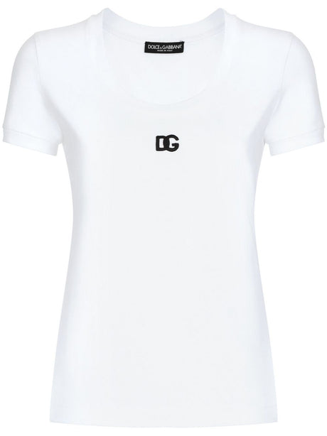 DOLCE & GABBANA White Ribbed Edge Cotton T-Shirt for Women