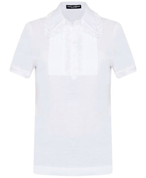 DOLCE & GABBANA White Polo Shirt with Harness and Lace Trim for Women