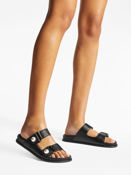 JIMMY CHOO Elegant Black Leather Sandals with Faux-Pearl Embellishment