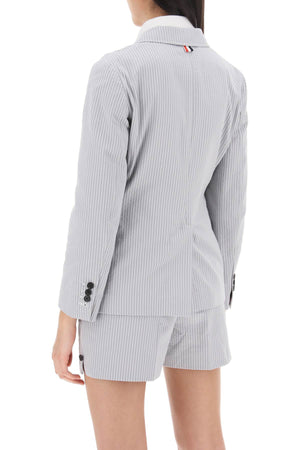 THOM BROWNE Striped Seersucker Single-Breasted Jacket - Grey