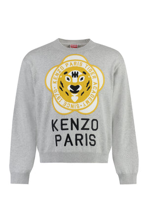 KENZO FW23 Grey Wool-Blend Crew-Neck Sweater with Tiger Academy Logo and Ribbed Knit Edges for Men