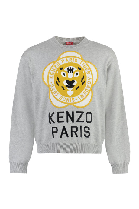 KENZO FW23 Grey Wool-Blend Crew-Neck Sweater with Tiger Academy Logo and Ribbed Knit Edges for Men