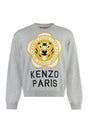 KENZO FW23 Grey Wool-Blend Crew-Neck Sweater with Tiger Academy Logo and Ribbed Knit Edges for Men