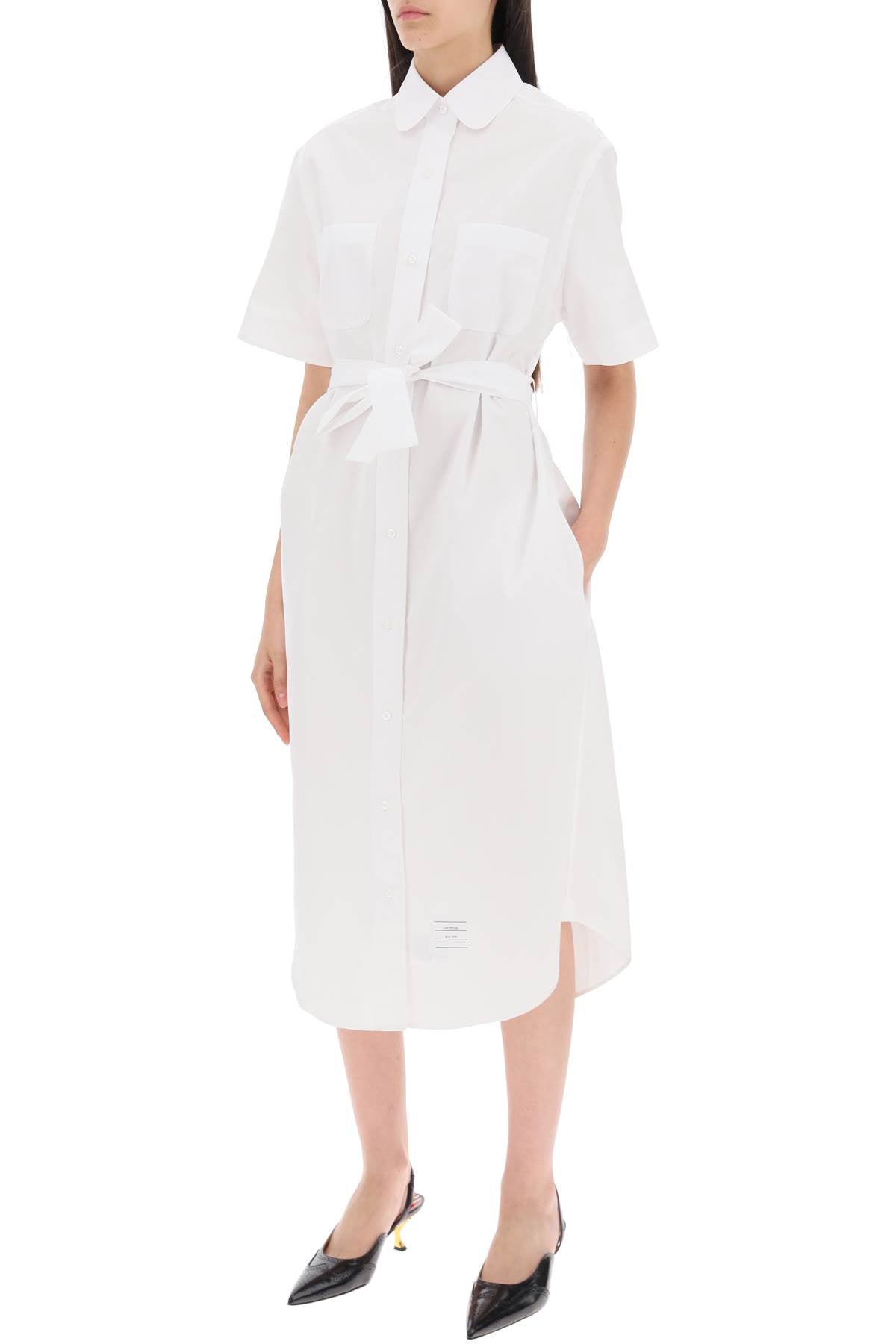 THOM BROWNE White Cotton Midi Blouse with Belt for Women - FW24 Collection