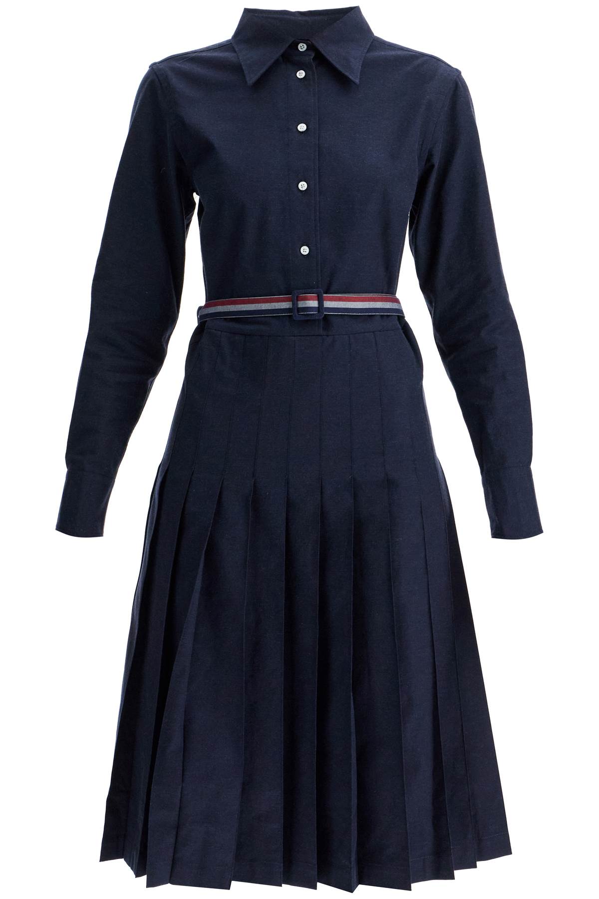 THOM BROWNE Elegant Midi Shirt Dress with Pleated Skirt and Tri-Color Belt