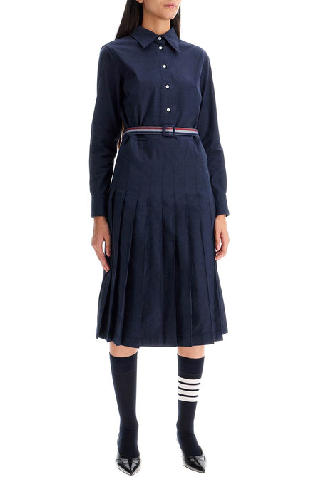 THOM BROWNE Elegant Midi Shirt Dress with Pleated Skirt and Tri-Color Belt