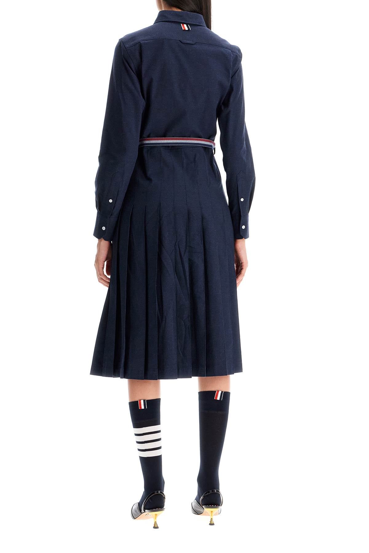 THOM BROWNE Elegant Midi Shirt Dress with Pleated Skirt and Tri-Color Belt