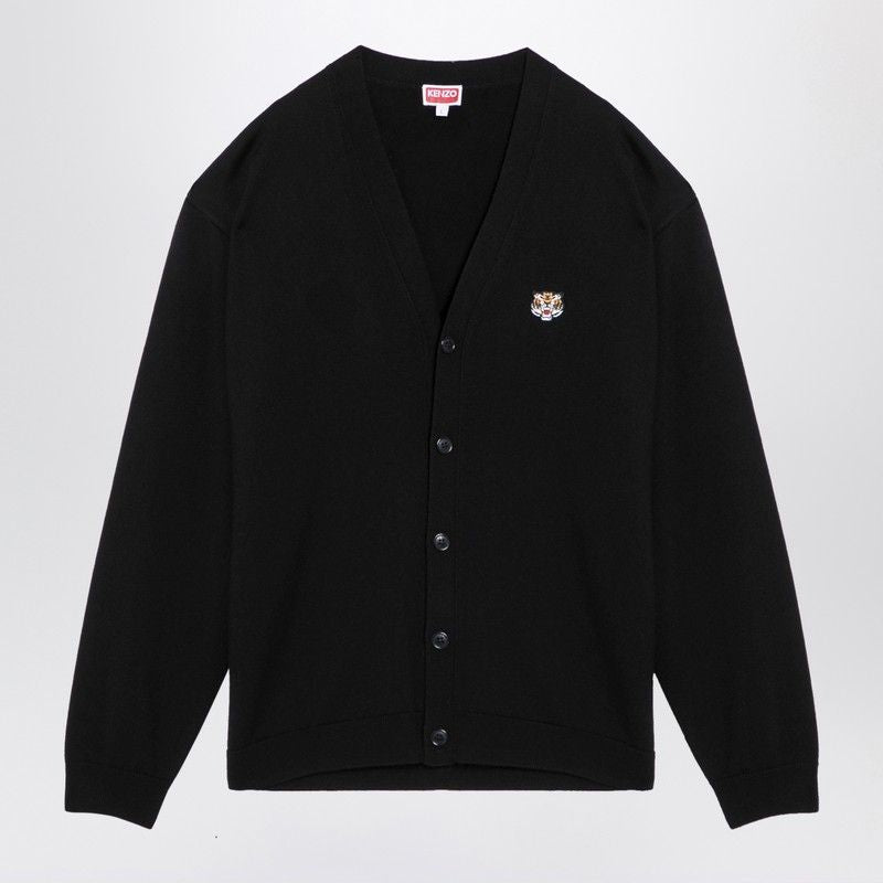 KENZO Elegant Black Wool V-Neck Cardigan with Embroidered Details