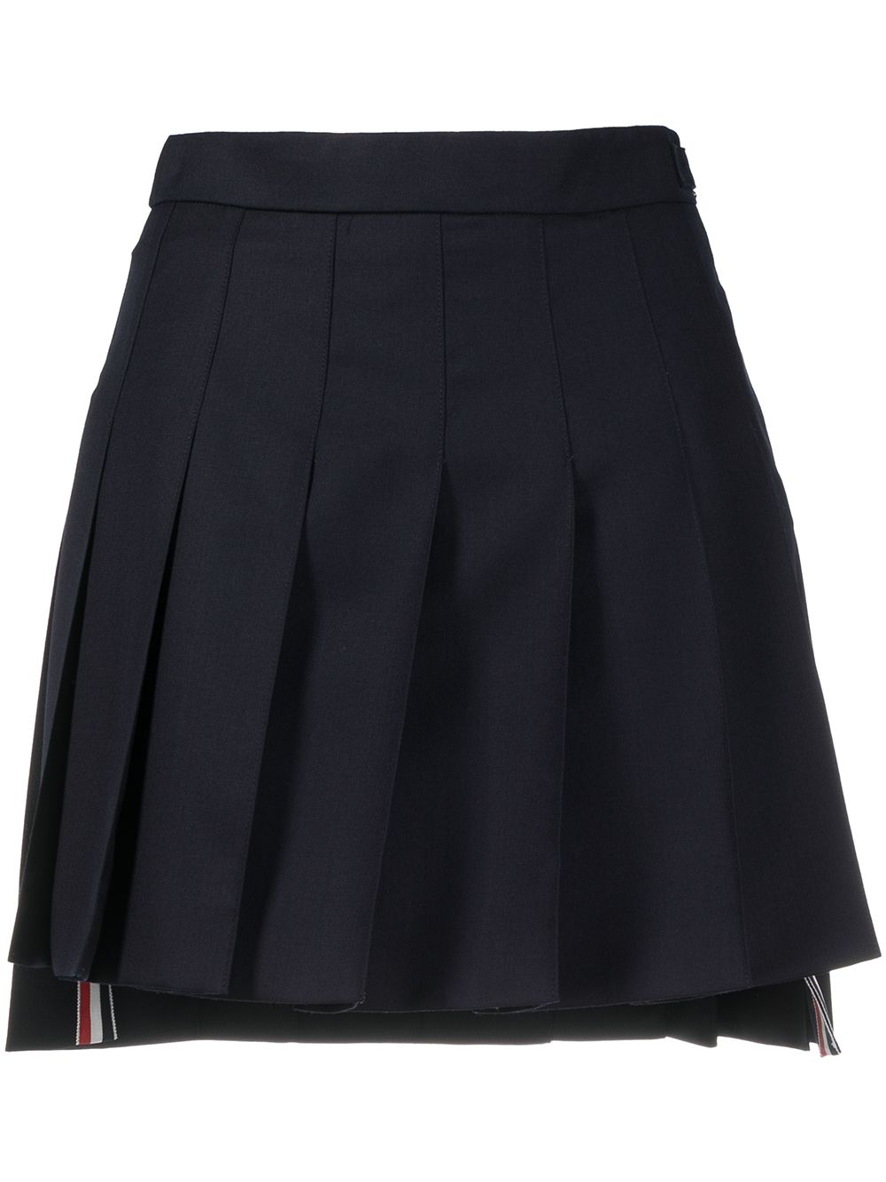 THOM BROWNE Navy Blue Pleated Skirt with RWB Stripe and High-Low Hem