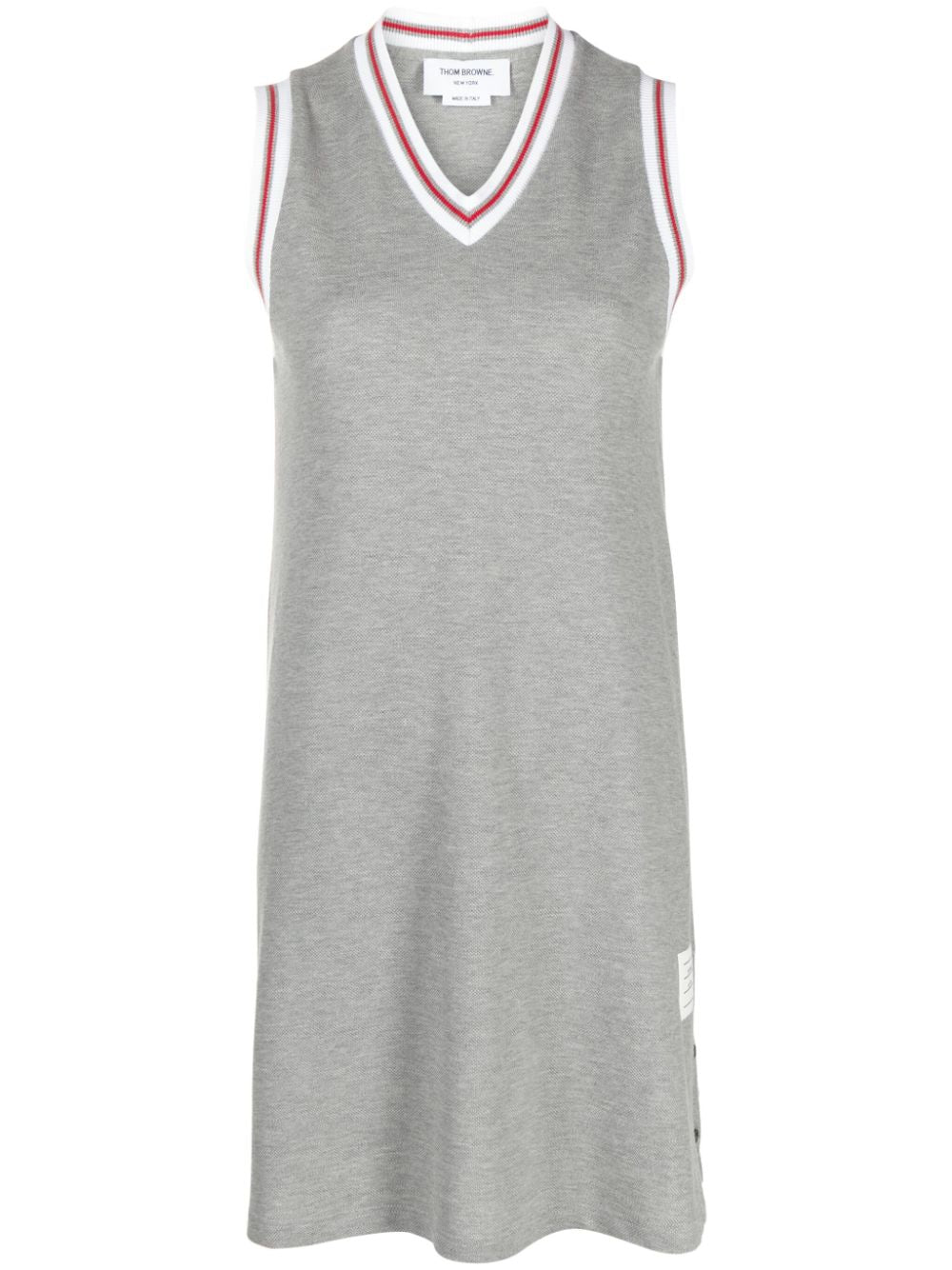 THOM BROWNE Grey Stripe Trim V-Neck Sleeveless Cotton Dress