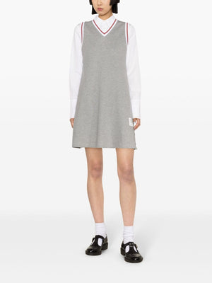 THOM BROWNE Grey Stripe Trim V-Neck Sleeveless Cotton Dress