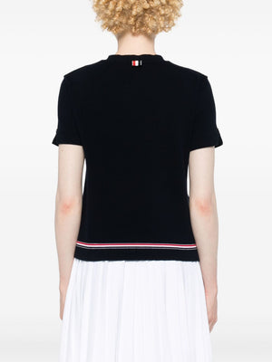 THOM BROWNE Cotton Piqué Crew Neck T-Shirt with Stripe Detailing