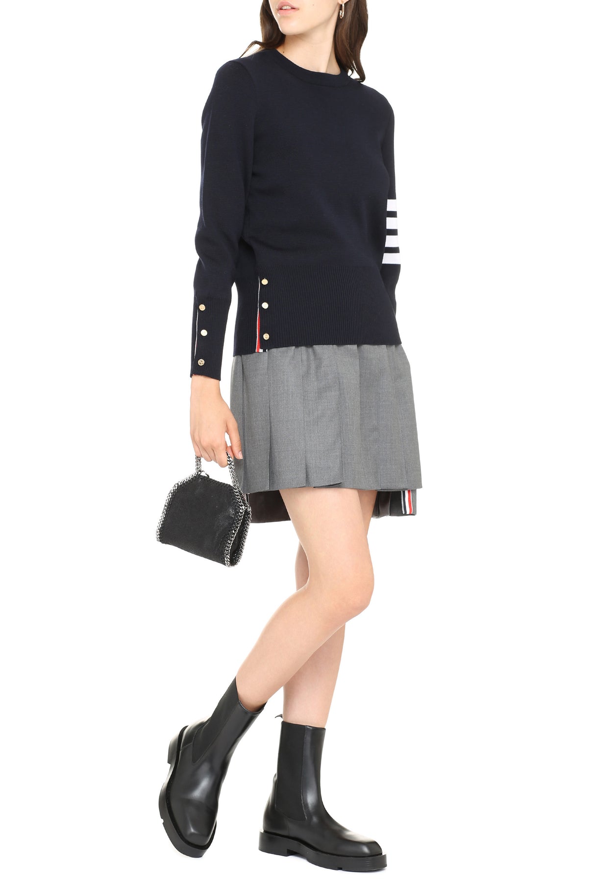 THOM BROWNE Navy Blue Wool Crew-Neck Sweater for Women