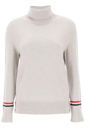 THOM BROWNE Gray Wool Turtleneck Sweater with Striped Detail for Women