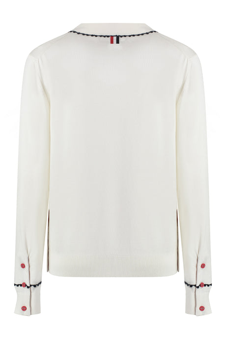 THOM BROWNE White Silk and Cotton Cardigan with Contrasting Trimmings for Women