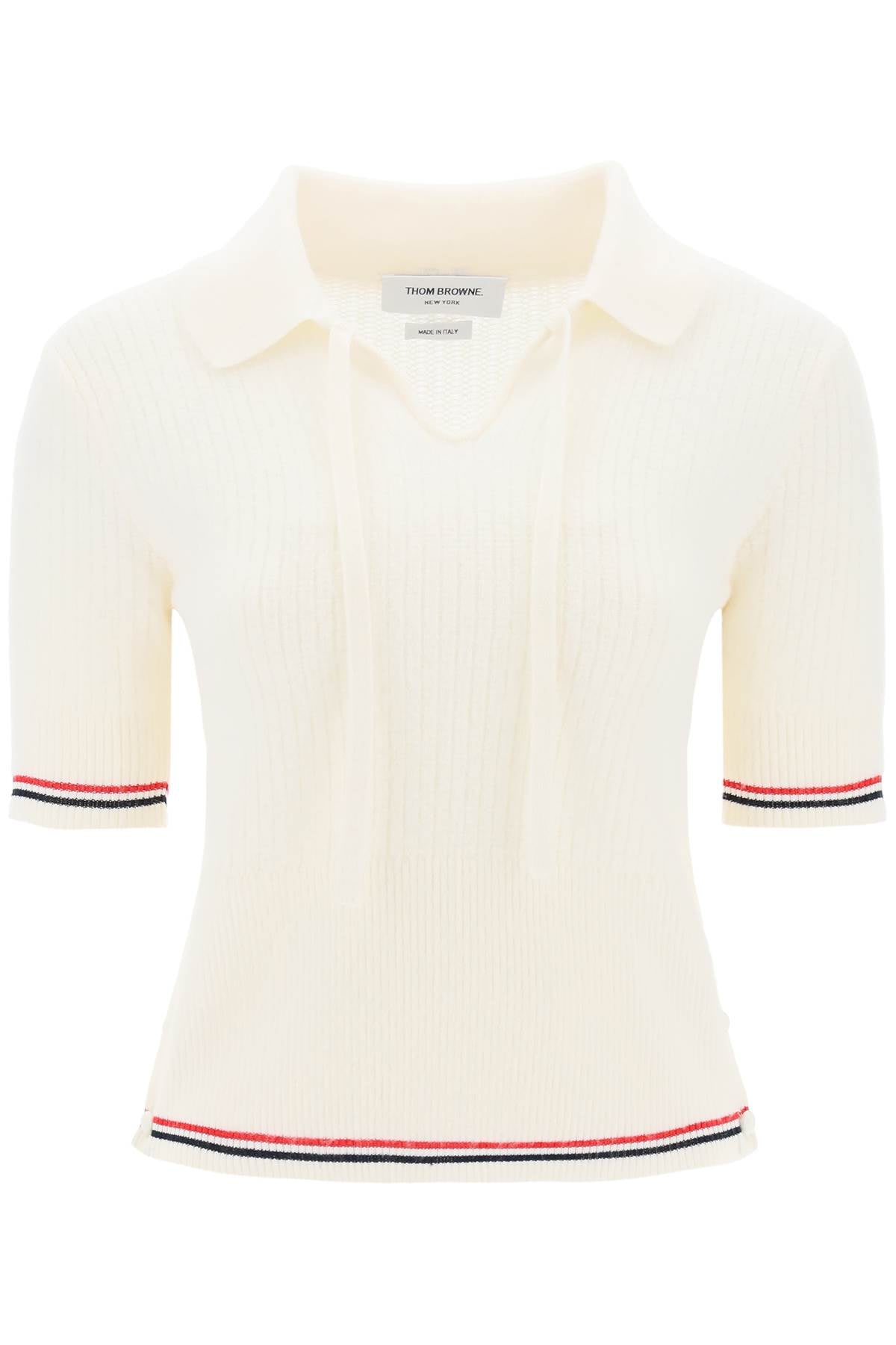 THOM BROWNE Merino Wool Polo Shirt with Signature Stripe