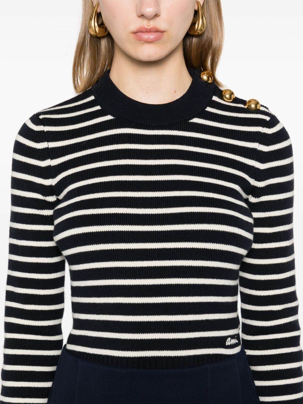 AMI PARIS Navy Blue Sweater with Golden Bot Stripes