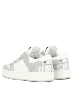 JIMMY CHOO Women's White Lace-Up Sneakers with Glitter Details and Rubber Sole - SS24 Collection