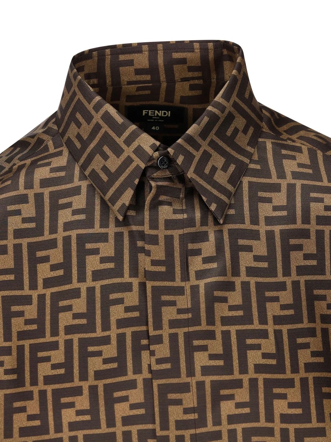 FENDI Luxurious Men's FF Print Silk Shirt in Shades of Brown and Tobacco