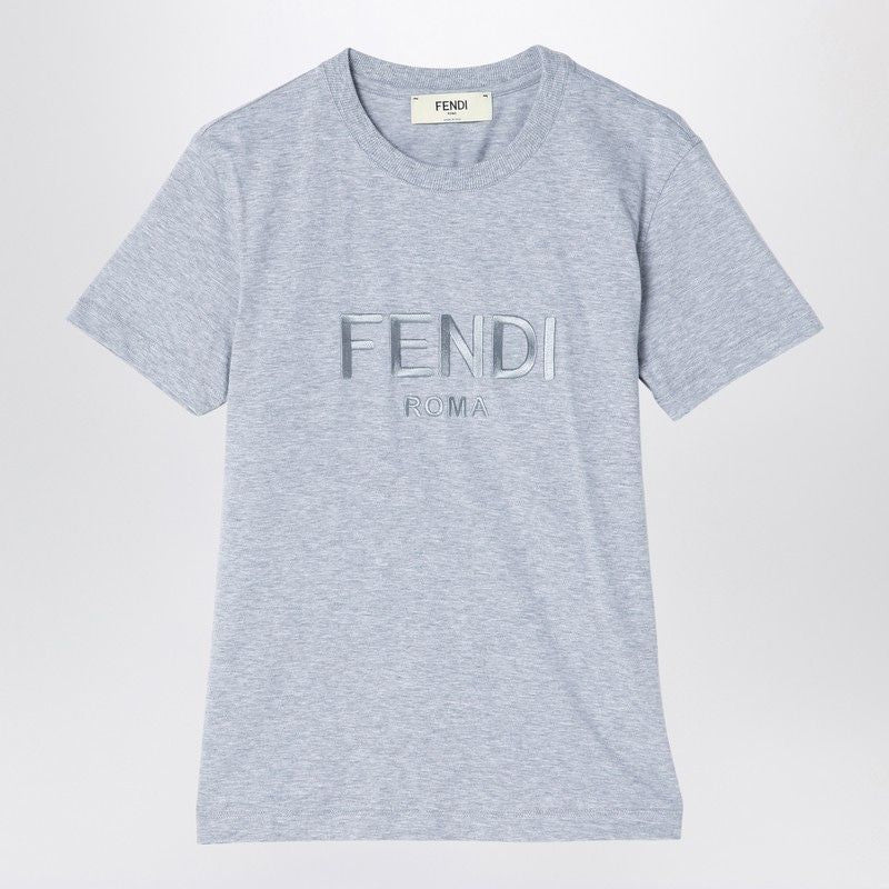 FENDI Grey Cotton Crew Neck T-Shirt with Logo