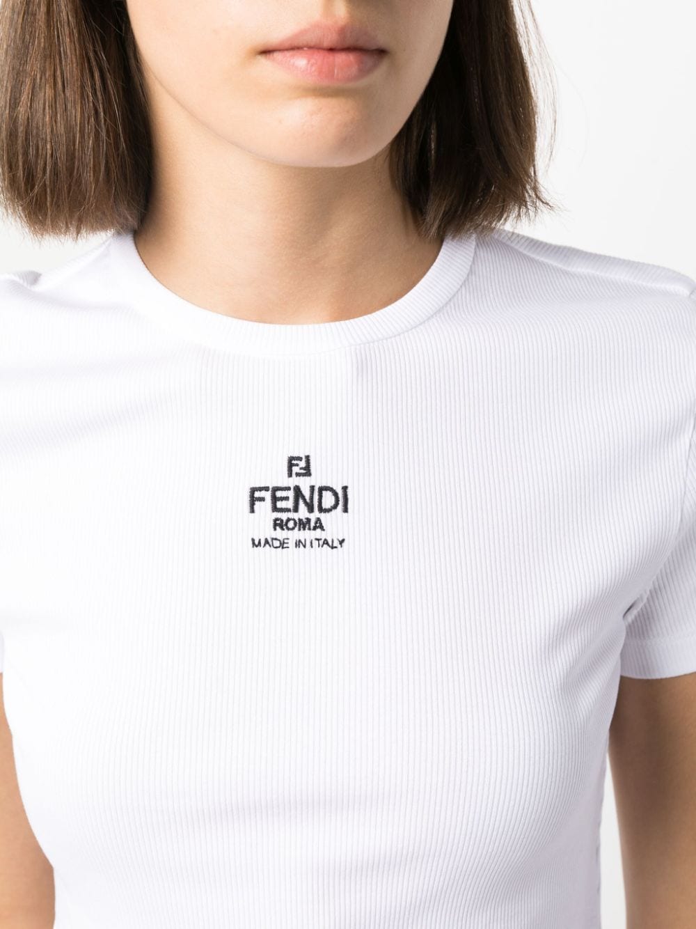 FENDI Cropped Logo-Embroidered Ribbed T-Shirt for Women