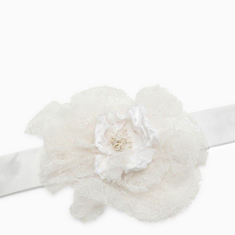 DOLCE & GABBANA White Silk Choker with Lace Flower