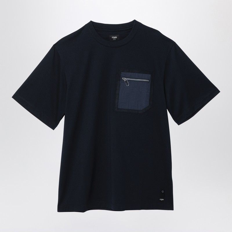 FENDI Contemporary Blue Cotton T-Shirt with Zip Pocket