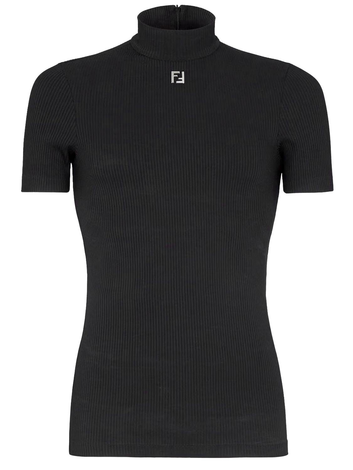 FENDI Black Ribbed Nylon T-shirt for Men - High Neck, Short Sleeve, Logo Design and Zip Closure