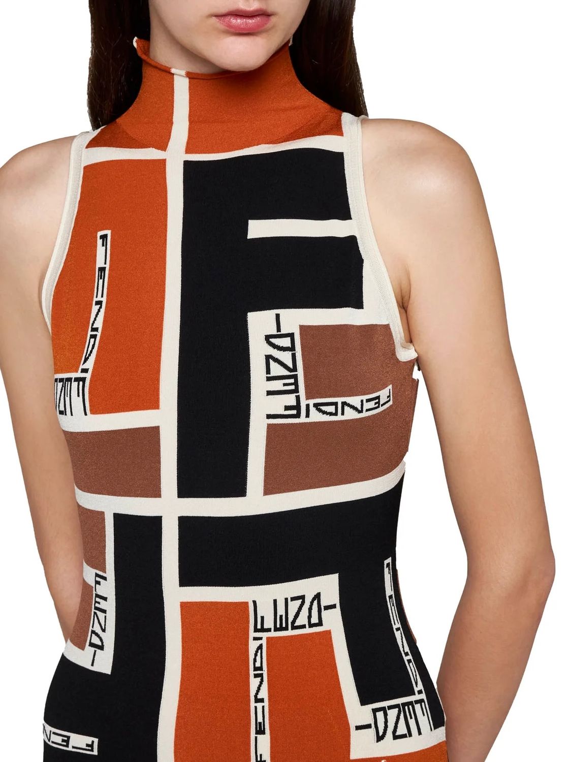 FENDI Printed High Neck Sleeveless Mini Dress in Orange for Women