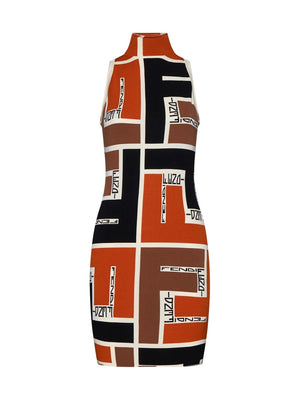 FENDI Printed High Neck Sleeveless Mini Dress in Orange for Women