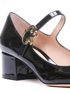 GIANVITO ROSSI Black Patent Leather Block Heel Slippers with Gold Ribbon Detail - 4.5 CM