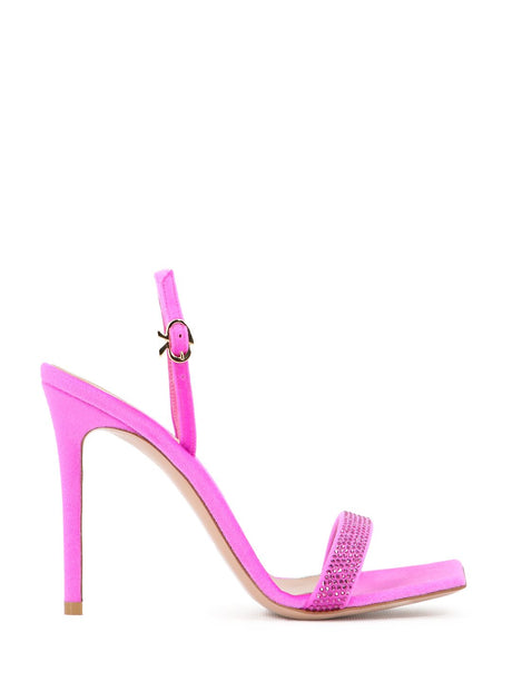 GIANVITO ROSSI Fuchsia Velvet Sandals with Strass Band and Stiletto Heel