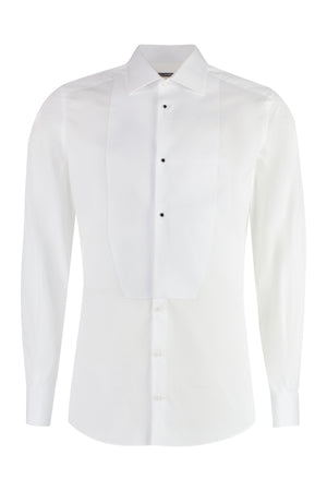 DOLCE & GABBANA Men's White Poplin Tuxedo Shirt with Embellished Buttons & Rounded Hem