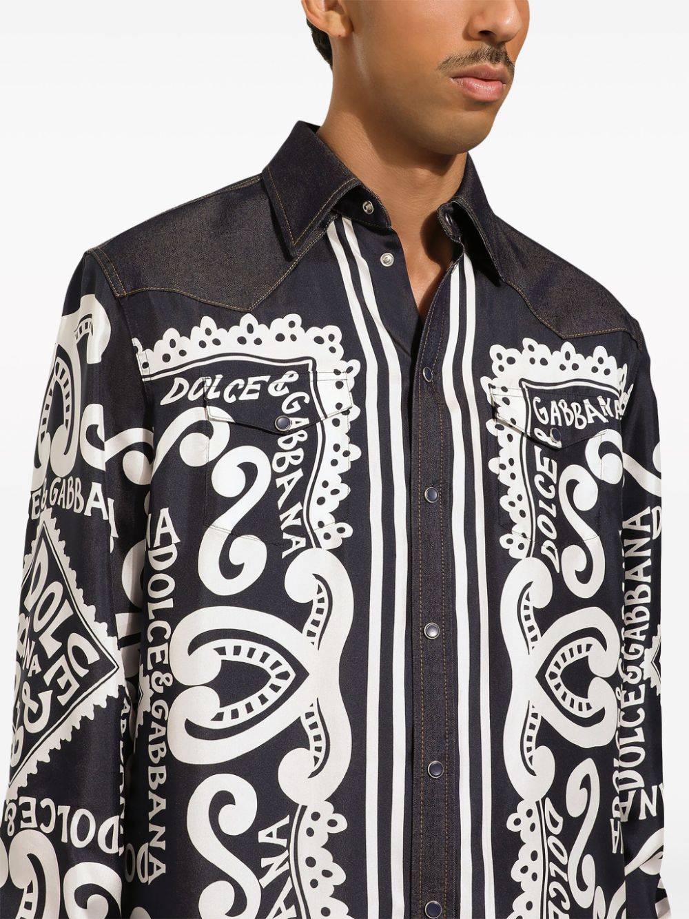 DOLCE & GABBANA Graphic Print Denim Trim Shirt for Men - SS24