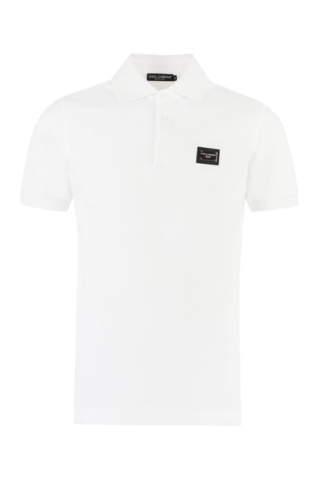 DOLCE & GABBANA Men's White Cotton Polo Shirt with Front Logo Patch and Ribbed Collar & Sleeves