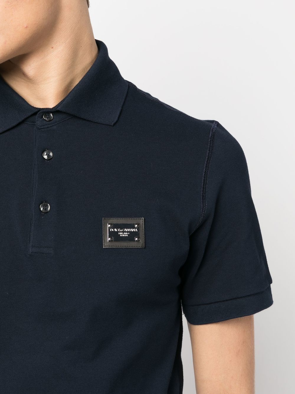 DOLCE & GABBANA Elegant Navy Polo with Silver-Tone Detailing