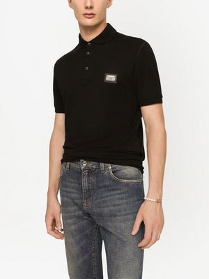 DOLCE & GABBANA Elegant Black Cotton Polo with Silver-Tone Emblem