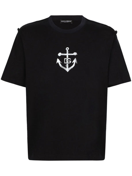 DOLCE & GABBANA Men's Navy Cotton T-Shirt with Ribbed Neckline and Raw Cut Edges - SS24 Collection