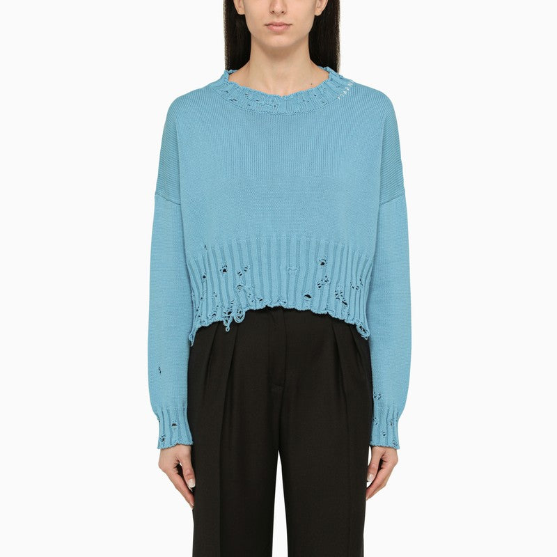 MARNI Light Blue Cotton Crew-Neck Sweater with Hand-Stitched Collar and Worn Effect Details