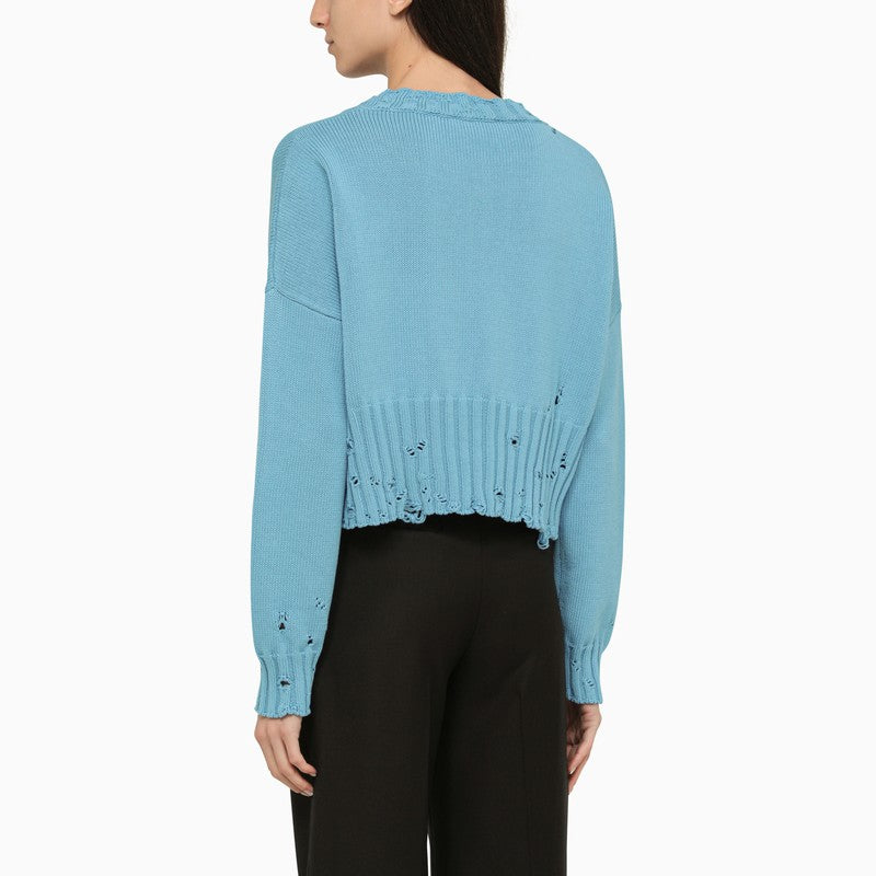 MARNI Light Blue Cotton Crew-Neck Sweater with Hand-Stitched Collar and Worn Effect Details