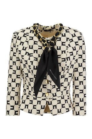 ELISABETTA FRANCHI Black Monogram Print Crepe Jacket with Chain Accessory and Scarf