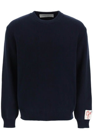 GOLDEN GOOSE Men's Ribbed Blue Cotton Blend Sweater with Logo Detail