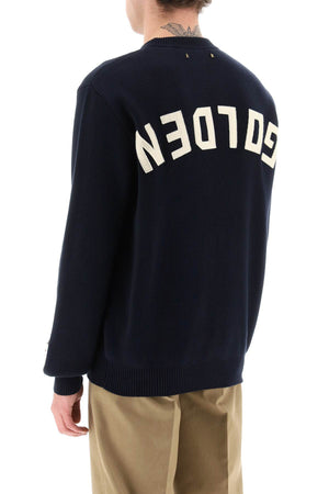 GOLDEN GOOSE Men's Ribbed Blue Cotton Blend Sweater with Logo Detail