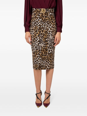 ELISABETTA FRANCHI Animal Print Belted Waist Skirt - Mid Length