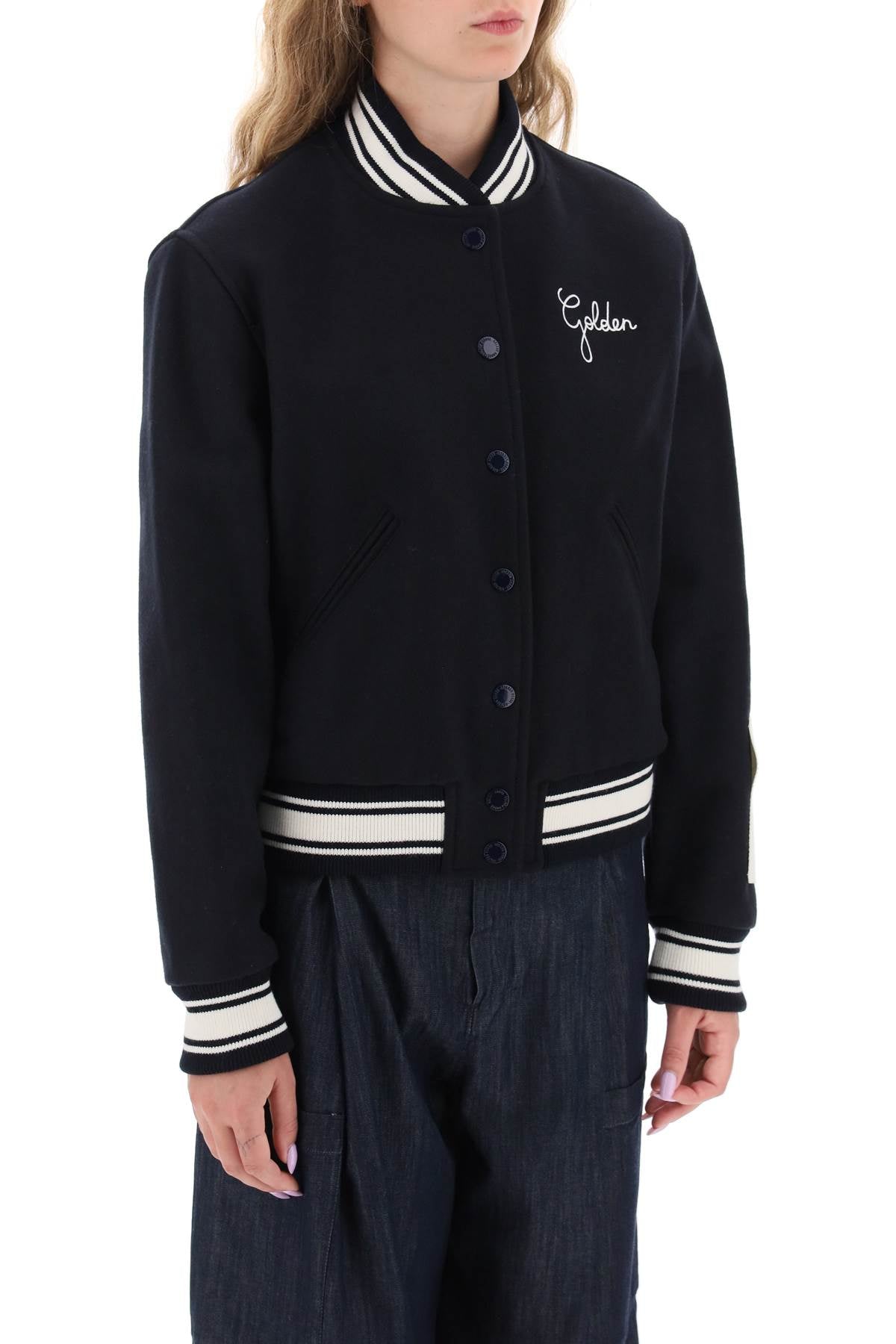 GOLDEN GOOSE Navy Wool Blend Bomber Jacket with Embroidered 'Golden' Lettering