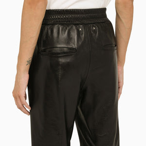 GOLDEN GOOSE Black Leather Pants with Stretch Waistband and Zippers on Hem for Women